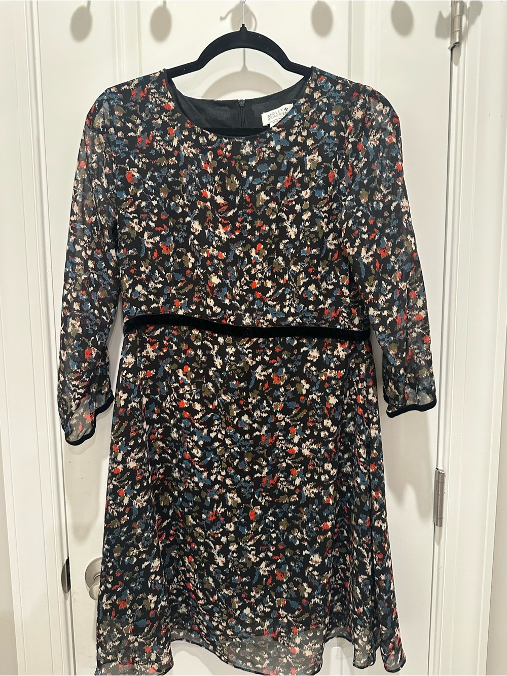 Molly Bracken Black Floral Chiffon Dress with Velvet Waist